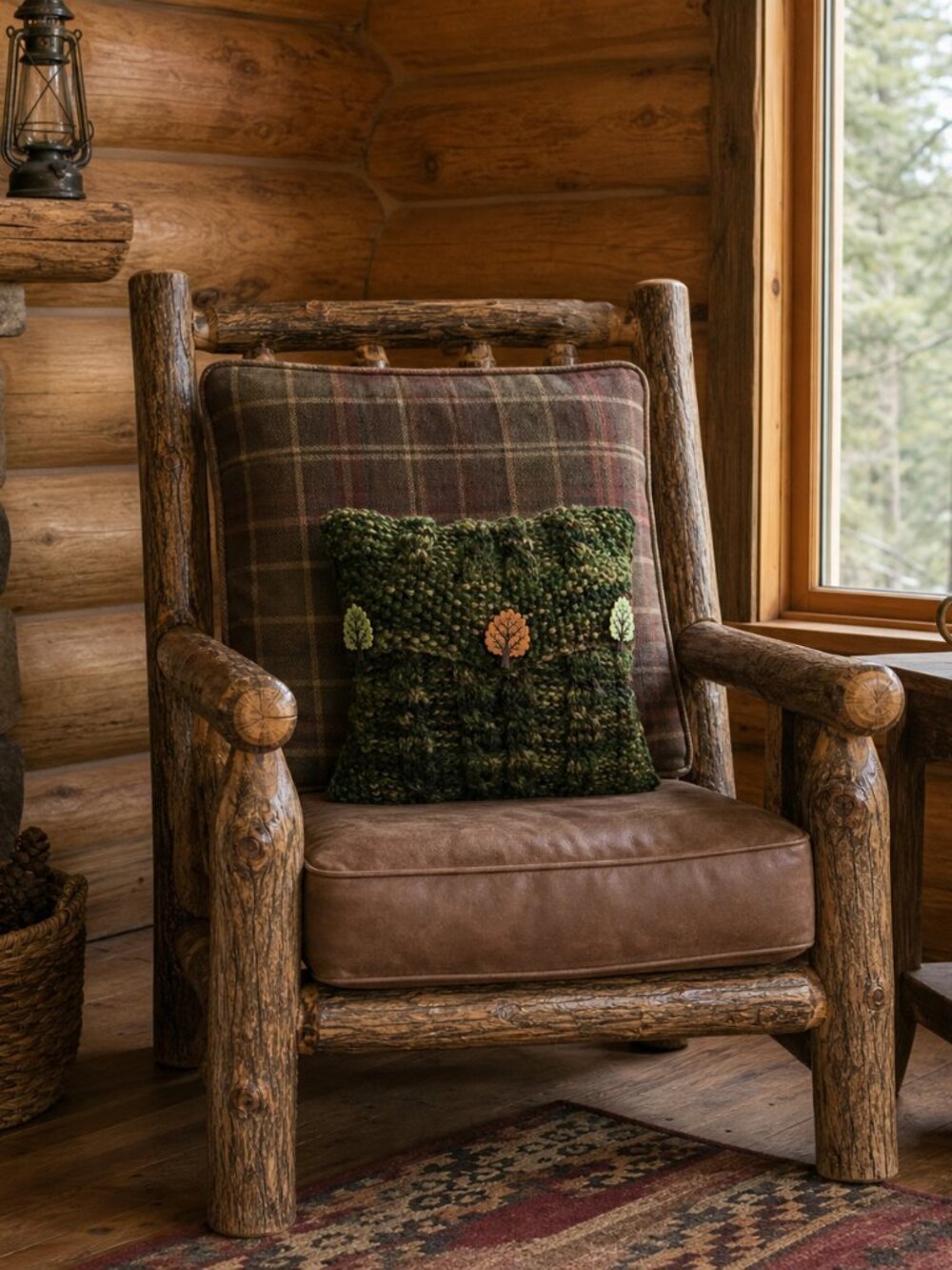 Hand Crafted Knit Cable Throw Pillow Tree Buttons Camo Cabin Sofa Couch